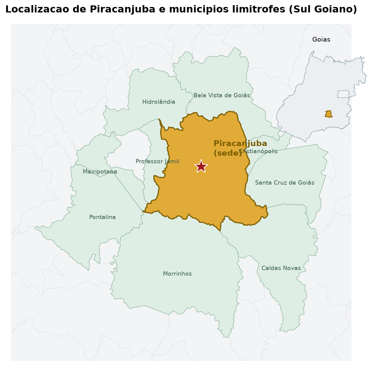 Mapa de localização de Piracanjuba e municípios limítrofes no Sul Goiano, com a sede municipal destacada.