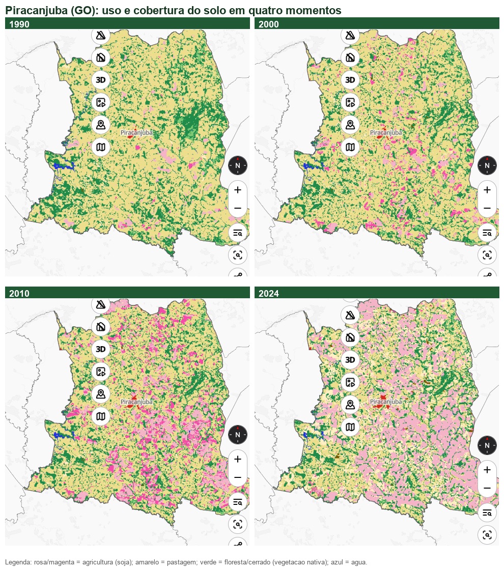 Quatro mapas de uso e cobertura do solo de Piracanjuba em 1990, 2000, 2010 e 2024, mostrando a agricultura (rosa) avançando sobre pastagem (amarelo) e vegetação nativa (verde).